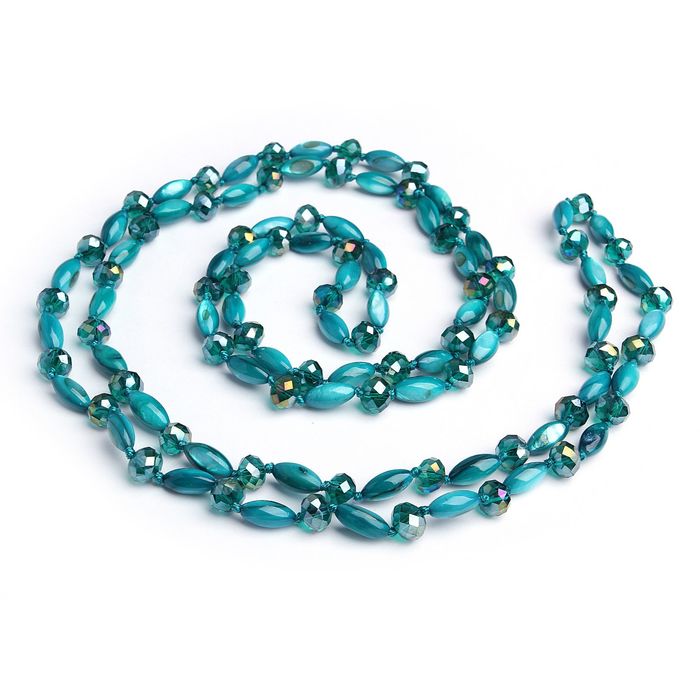 Бусы "Перламутр с хрусталём" эллипс через многогранник, цвет бирюзовый, 130см