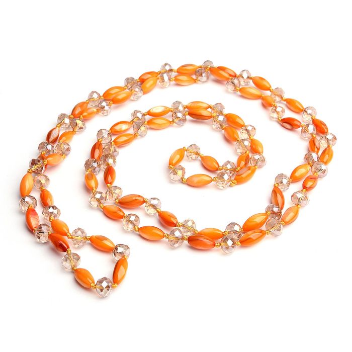 Бусы "Перламутр с хрусталём" эллипс через многогранник, цвет оранжевый, 130см
