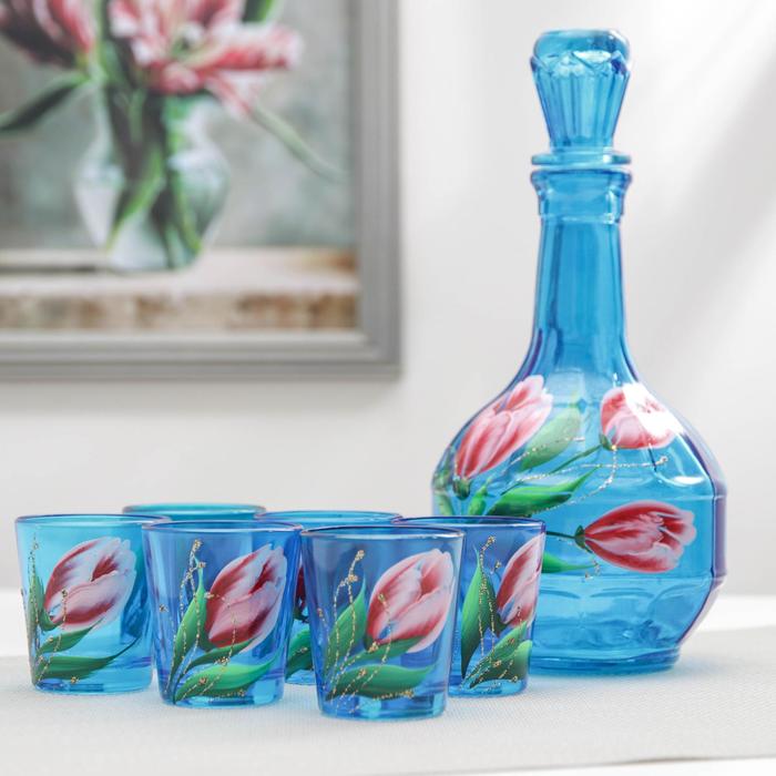 Набор "Русский", 7 предметов: графин 500 мл, 6 стопок 50 мл "Тюльпан", подарочная упаковка, цвет кобальтовый