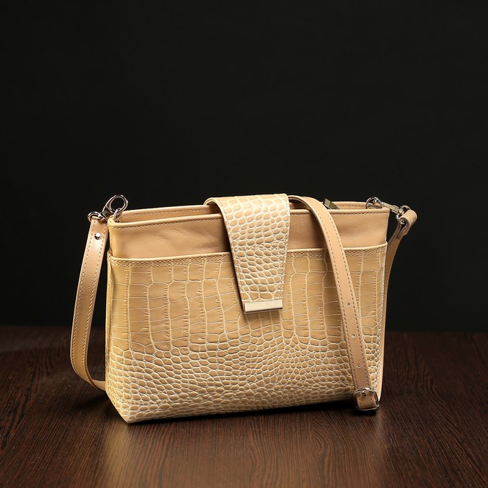 Сумка женская на молнии, 1 отдел, 2 наружных кармана, длинный ремень, бежевая