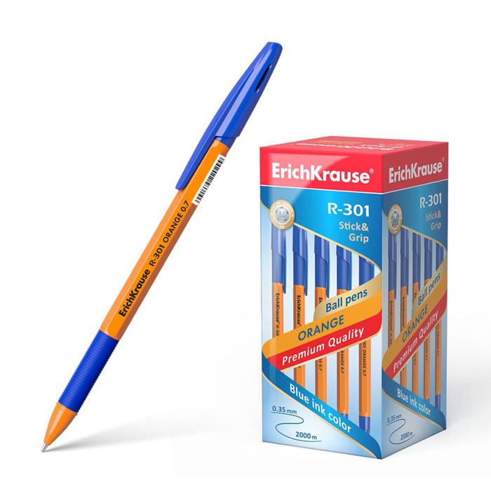 фото Ручка шариковая erich krause r-301 orange stick & grip, узел 0.7 мм, чернила синие, резиновый упор, длина линии письма 1000 метров erichkrause