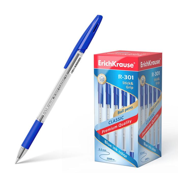 фото Ручка шариковая erich krause r-301 classic stick & grip, узел 1.0 мм, чернила синие, резиновый упор, длина линии письма 800 метров erichkrause