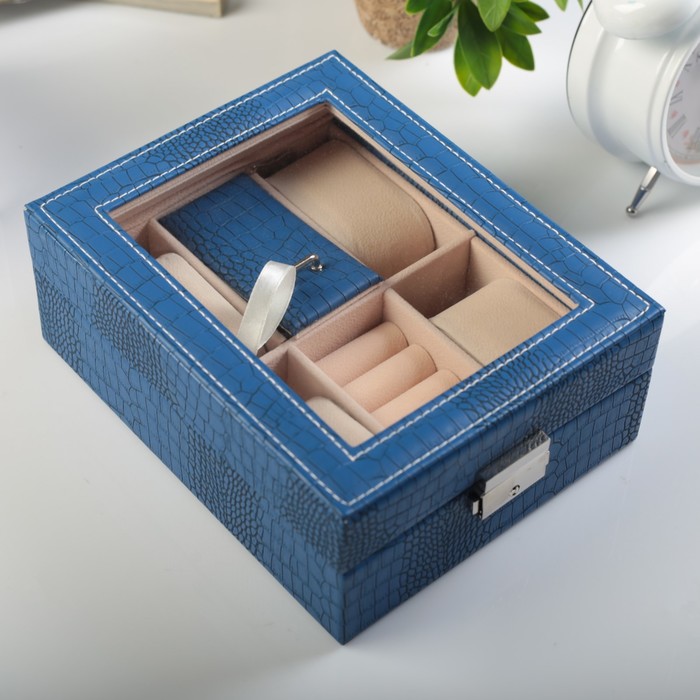 Шкатулка под часы и бижутерию 4 отделения "Закат" ярко-синяя матовая