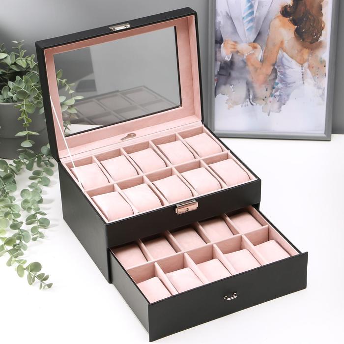 фото Шкатулка под часы двойная кожзам "темная ночь" матовая 25,5х20х14,5 см