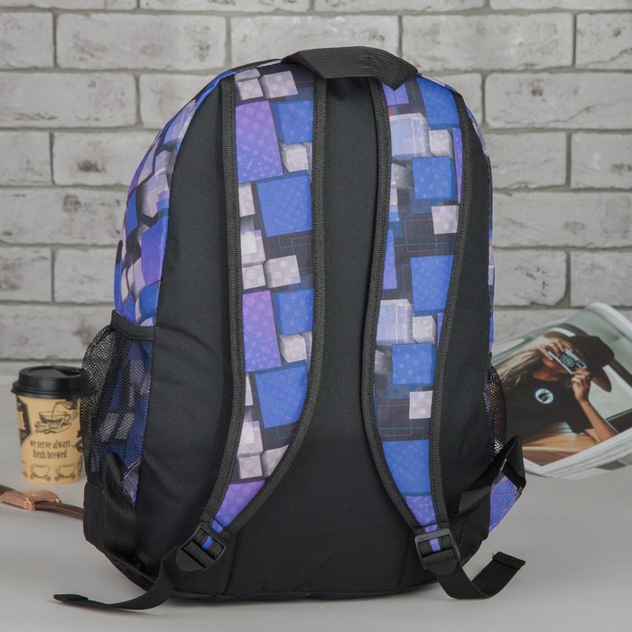Рюкзак молодёжный на молнии "Квадраты", 1 отдел, 1 наружный и 2 боковых кармана, усиленная спинка, фиолетовый