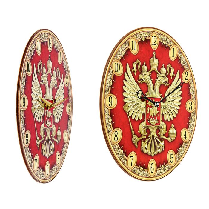 Часы "Россия" герб, красный фон, Ø25 см
