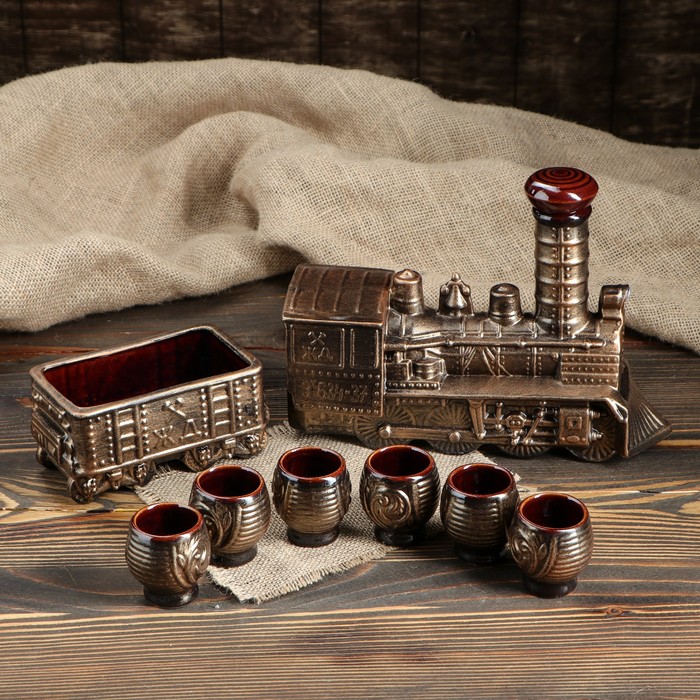 Штоф с рюмками "Паровоз" набор 7 предметов, бронза, штоф 0,75 л, рюмки 50 мл
