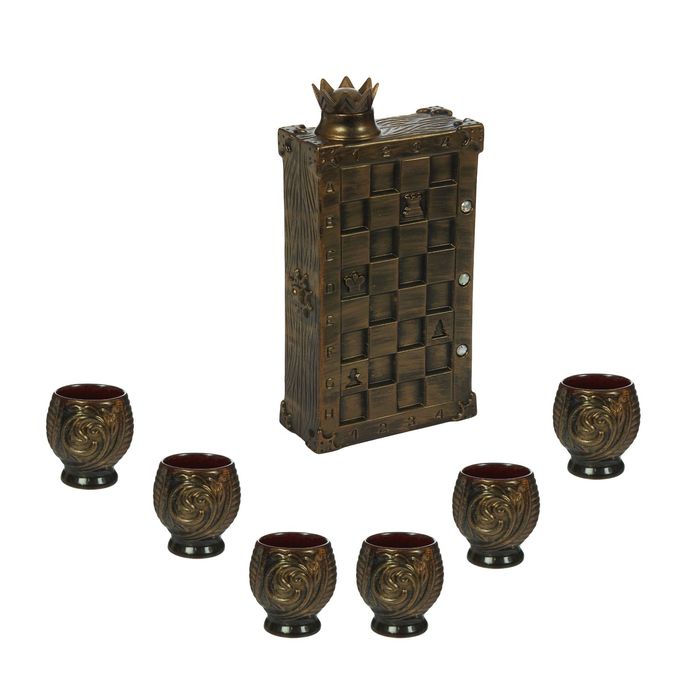 Штоф с рюмками "Шахматы" , бронза, 7 предметов, 1,5 л/ 0,05 л