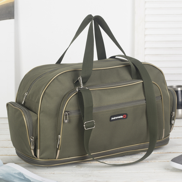 Сумка дорожная на молнии, 1отдел, 4 наружных кармана, длинный ремень, цвет хаки