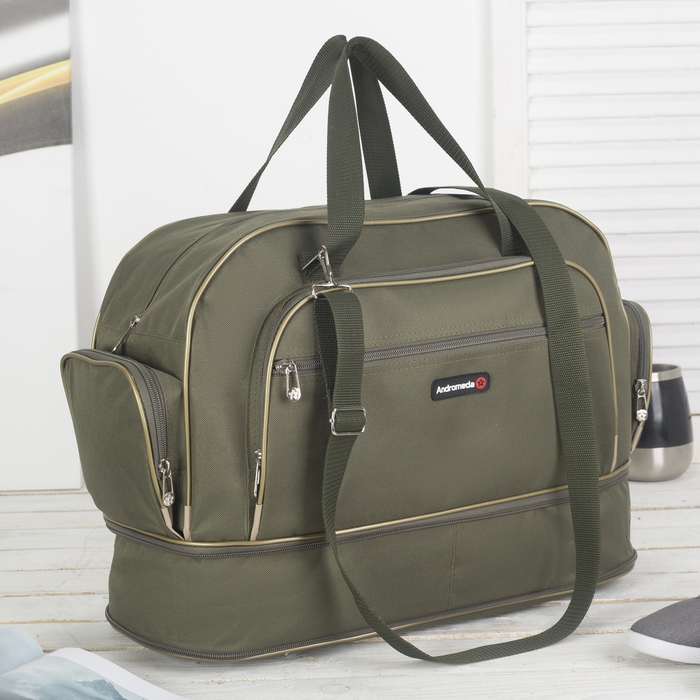 Сумка дорожная на молнии, 1отдел, 4 наружных кармана, длинный ремень, цвет хаки