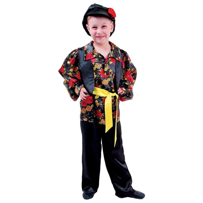 Карнавальный костюм "Цыганский", кепка, рубашка с жилеткой, брюки, жёлтый пояс, обхват груди 60 см, рост 110 см