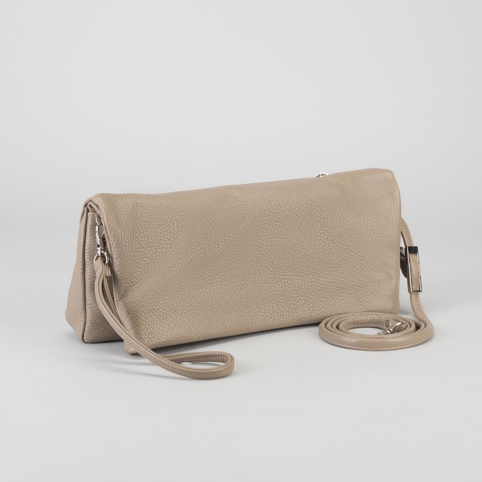 Клатч женский на молнии, 1 отдел, 2 наружных кармана, длинный ремень, бежевый