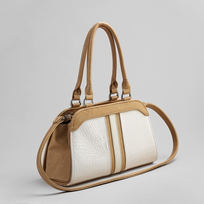 Сумка женская на молнии, 1 отдел, 1 наружный карман, бежевый/белый