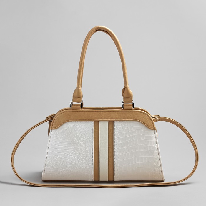 Сумка женская на молнии, 1 отдел, 1 наружный карман, бежевый/белый