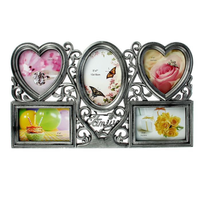 Фоторамка "Семейное древо" на 5 фото 10х15 см, 13х13 см, 16х11 см, серебристая