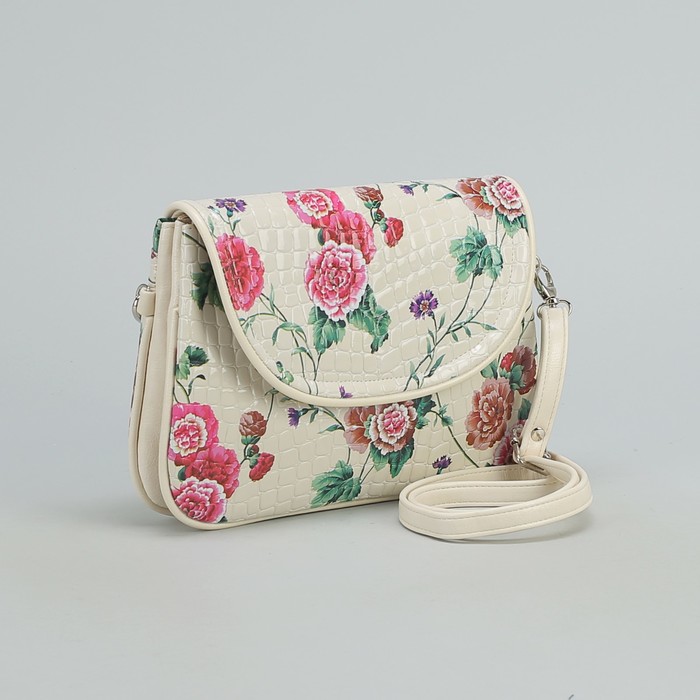 Сумка женская на молнии "Цветы", 1 отдел, 1 наружный карман, бежевая