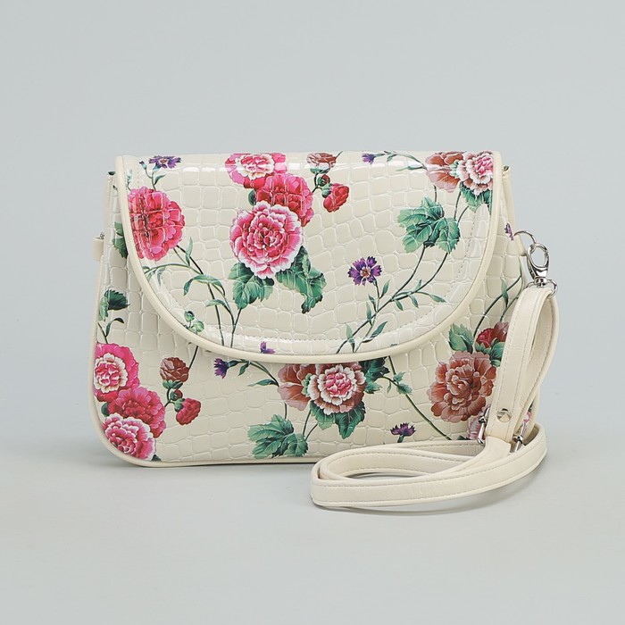 Сумка женская на молнии "Цветы", 1 отдел, 1 наружный карман, бежевая