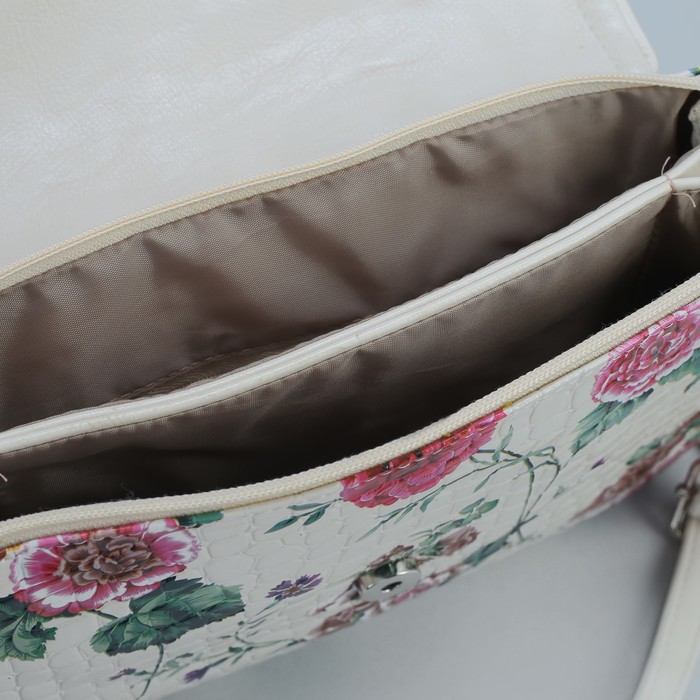 Сумка женская на молнии "Цветы", 1 отдел, 1 наружный карман, бежевая