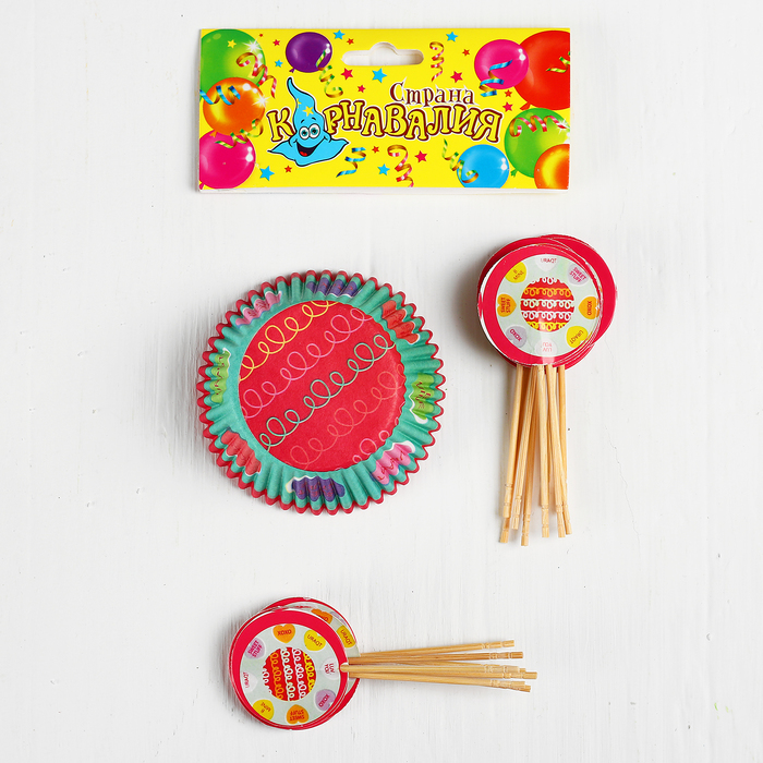 Украшение для кексов &quot;Праздник&quot; с сердцами и серпантином, набор 24 пики, 24 формочки