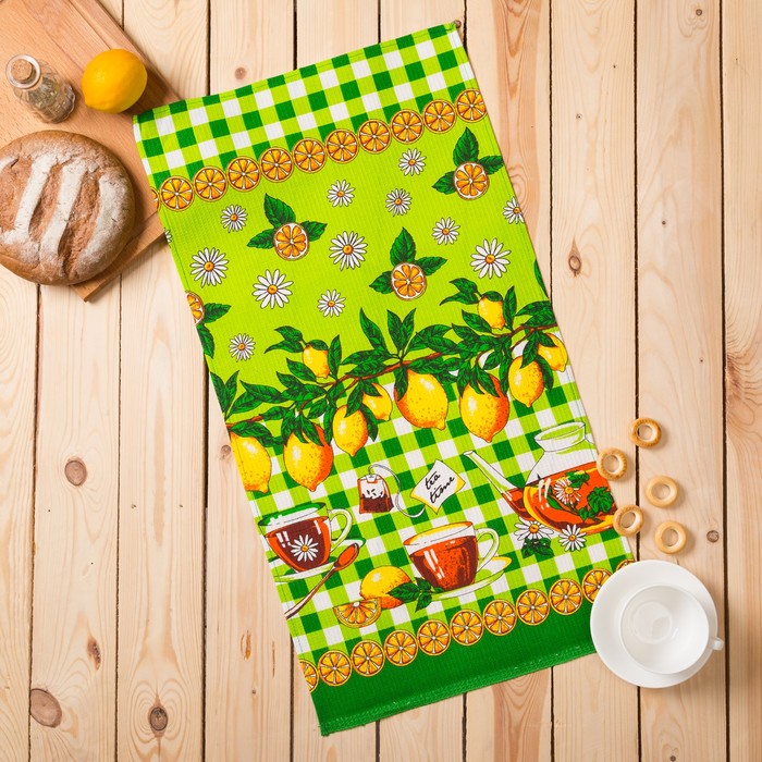 Полотенце вафельное "Лимоны", размер 40х75 см, цвет зелёный
