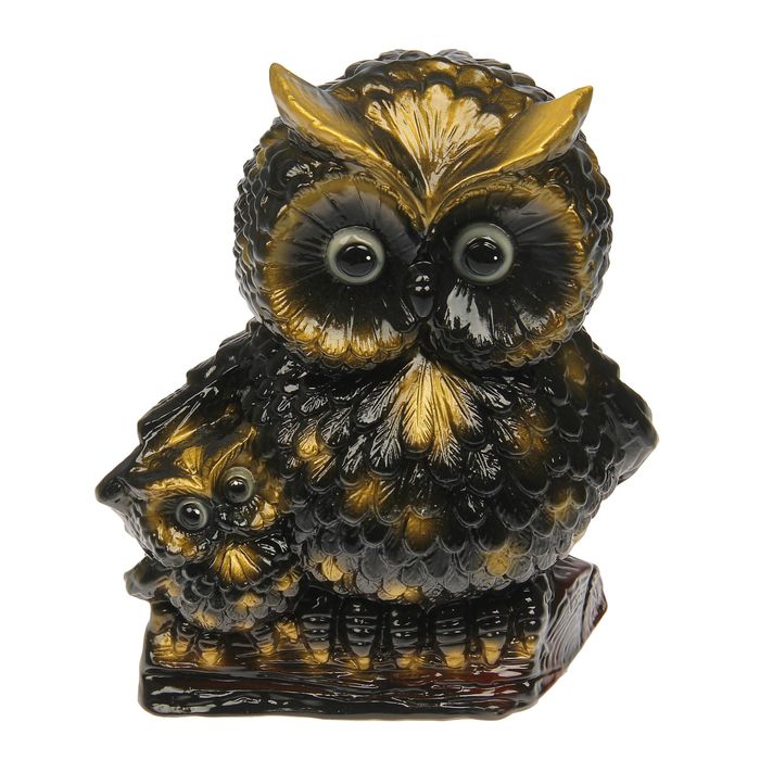 Садовая фигура "Сова с совёнком" глянец, чёрная, задувка золото