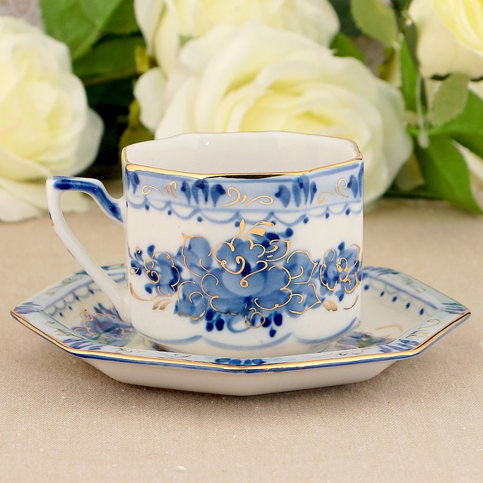 Чайная пара" Европейская", гжель с золотом, фарфор
