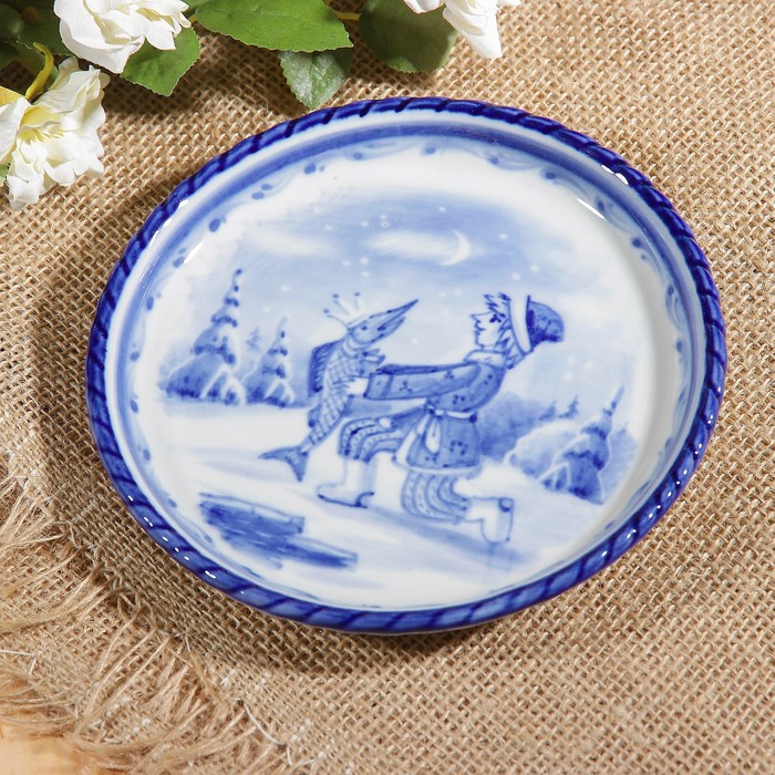 Блюдо малое «Праздничное», гжель, кобальт