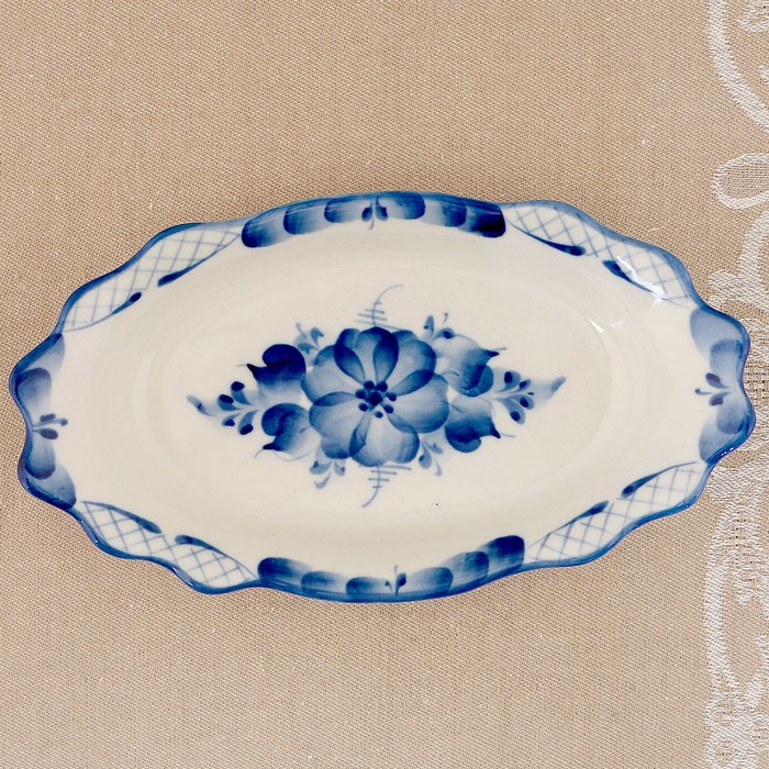 Блюдо под рыбу «Волна», гжель, фарфор, 2 сорт