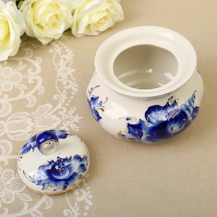 Горшочек для жаркого «Настроение», гжель с золотом, фарфор