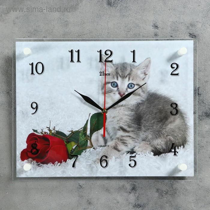 фото Часы настенные, серия: животный мир, "котенок и роза", 30х40 см рубин