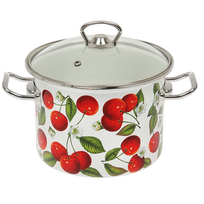 Кастрюля цилиндрическая 3 л "Черешня", с нержавеющим ободком и стеклянной крышкой