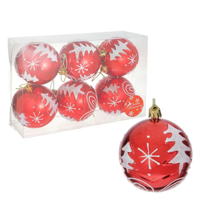 Новогодние шары "Красный глянец" (набор 6 шт.), ёлочки