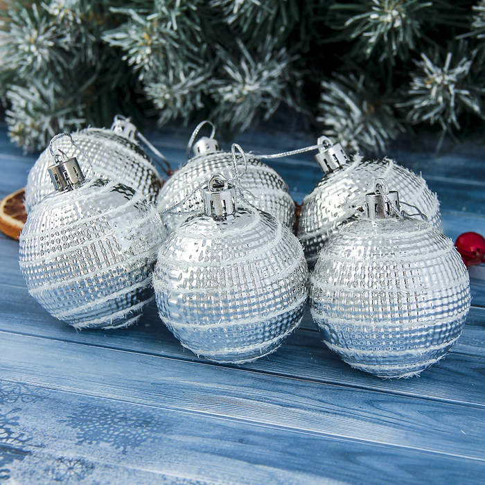 Новогодние шары "Снежная полоса" (набор 6 шт.), серебро