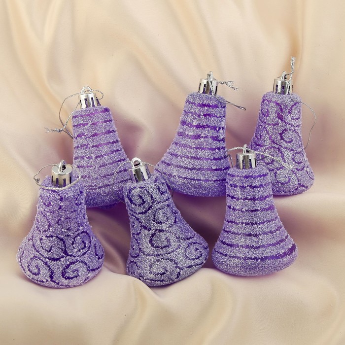 Ёлочные игрушки "Фиолетовые колокольчики с рисунком" (набор 6 шт.)