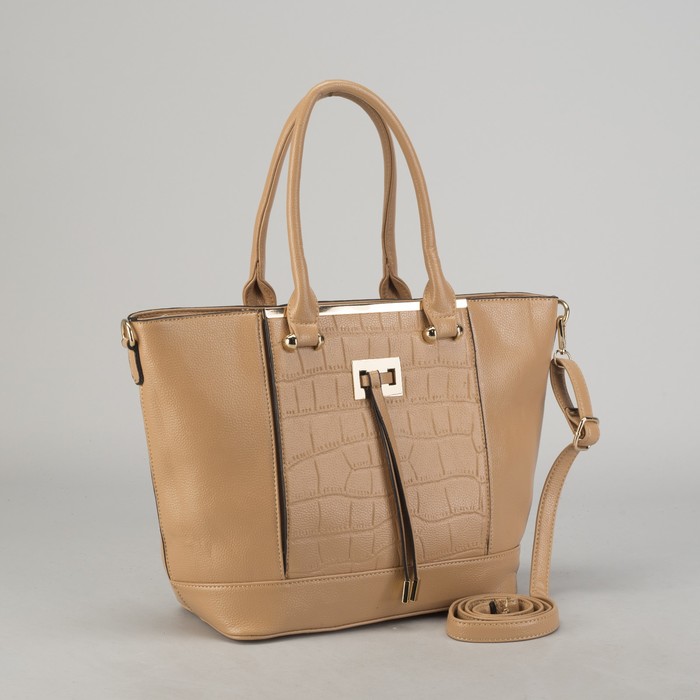 Сумка женская на молнии, 1 отдел с перегородкой, 2 наружных кармана, длинный ремень, бежевая