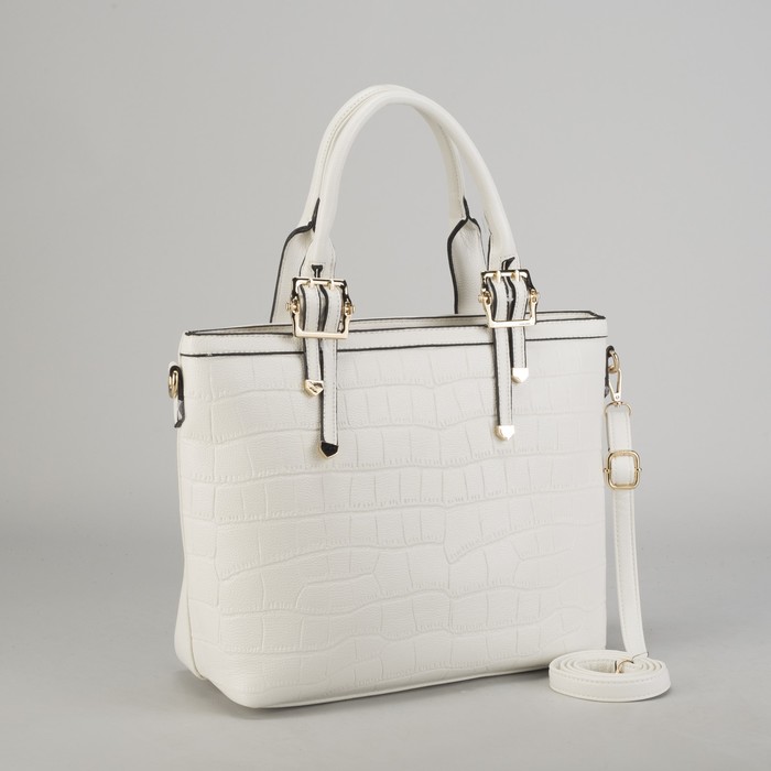 Сумка женская на молнии, 2 отдела, 1 наружный карман, длинный ремень, белая