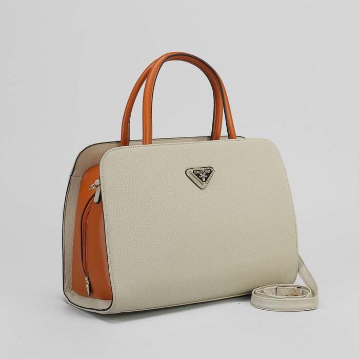 Сумка женская на молнии, 1 отдел, длинный ремень, молочный/коричневый