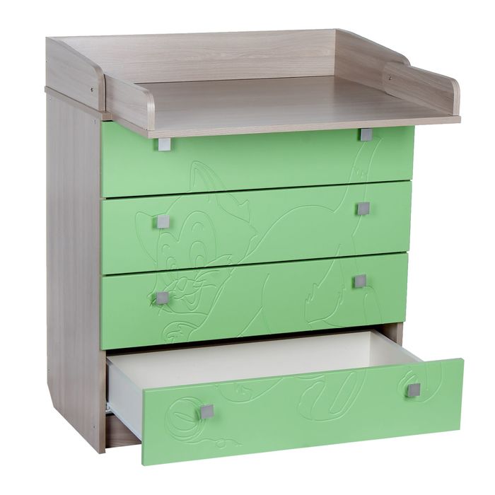 Комод детский пеленальный «Котёнок» с фрезеровкой, 4 выдвижных ящика, цвет ясень шимо светлый/зелёный