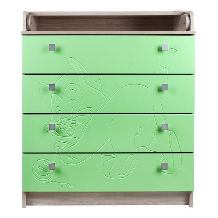 Комод детский пеленальный «Котёнок» с фрезеровкой, 4 выдвижных ящика, цвет ясень шимо светлый/зелёный