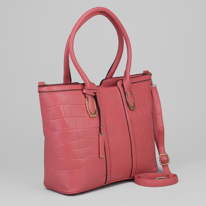 Сумка женская на молнии, 2 отдела, длинный ремень, розовая