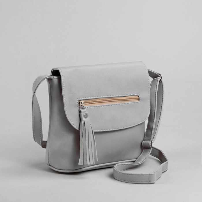 Сумка женская на молнии, 1 отдел, 2 наружных кармана, длинный ремень, серая