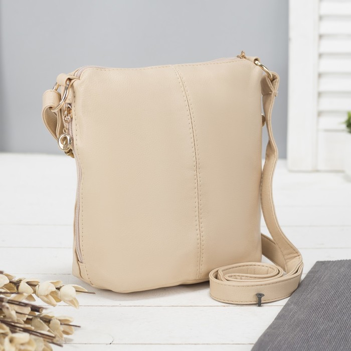 Сумка женская на молнии, 1 отдел, 3 наружных кармана, длинный ремень, бежевый