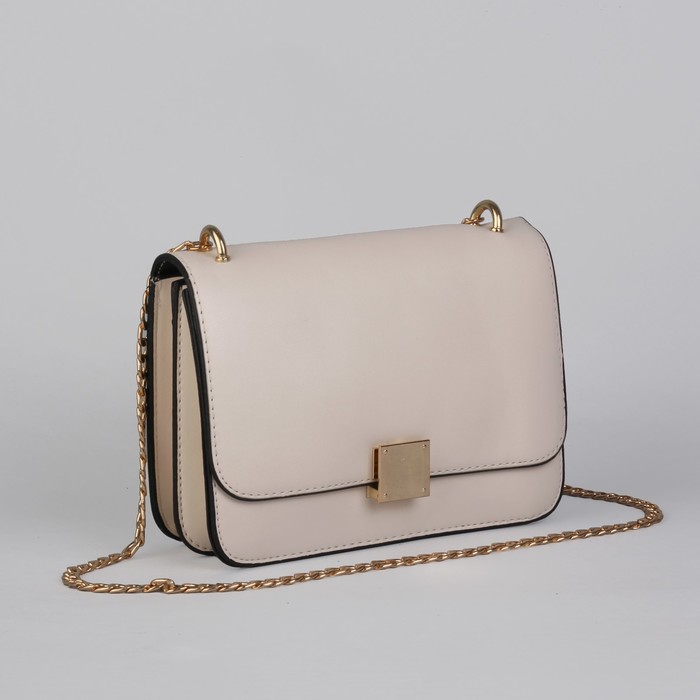 Сумка женская на клапане, 2 отдела, длинная цепочка, молочный