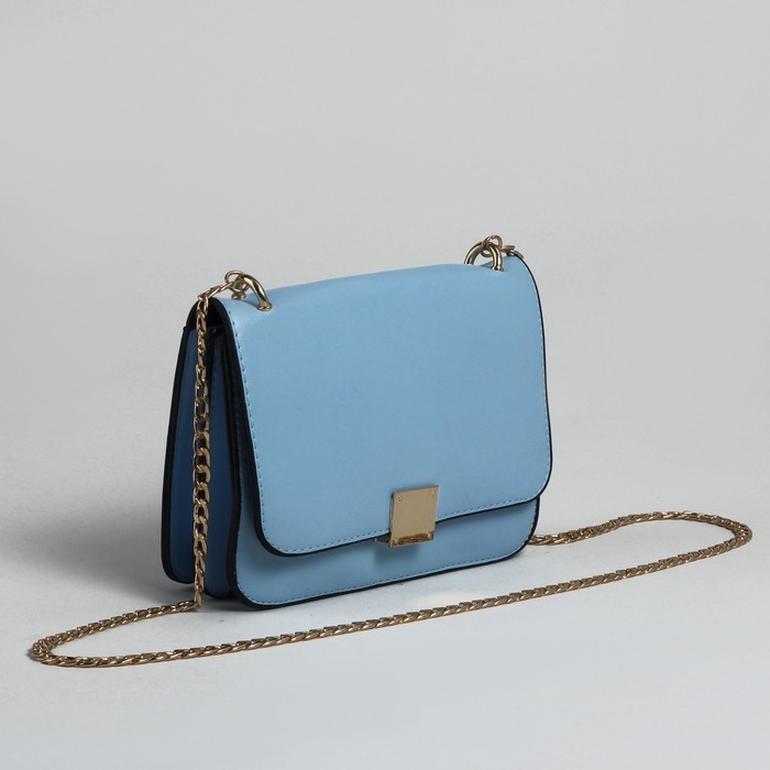 Сумка женская на клапане, 2 отдела, длинная цепочка, голубой