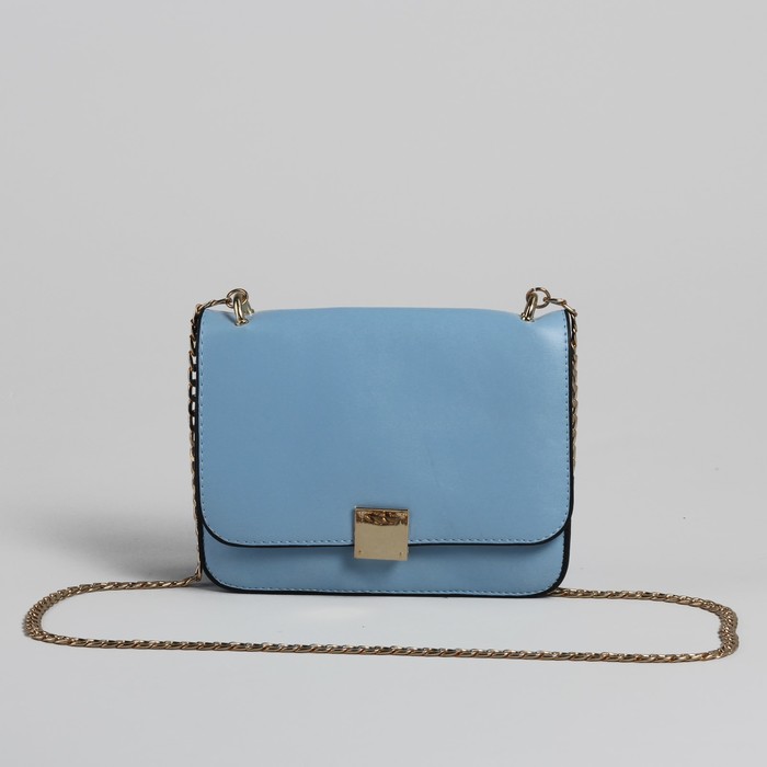 Сумка женская на клапане, 2 отдела, длинная цепочка, голубой