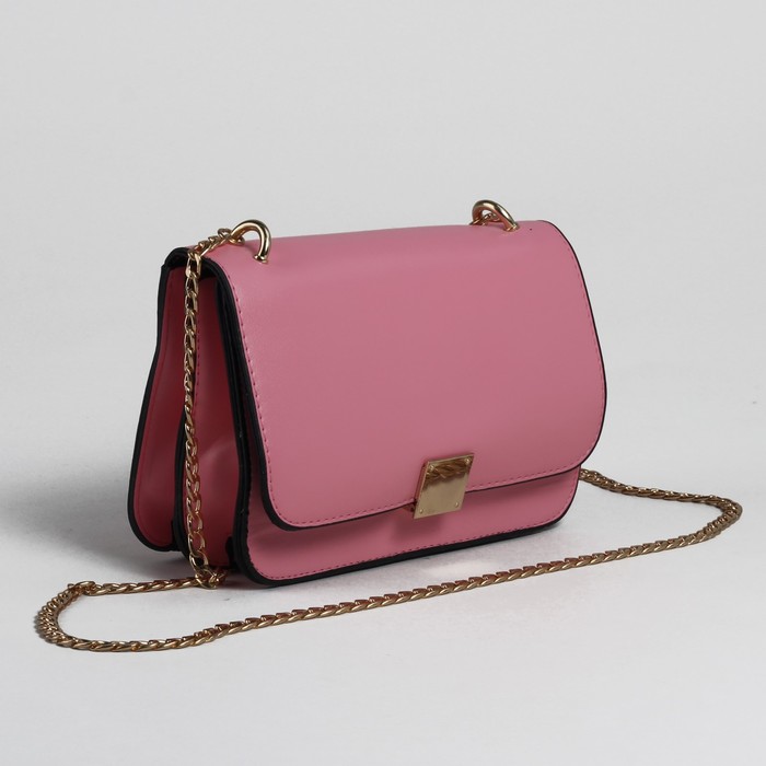 Сумка женская на клапане, 2 отдела, длинная цепочка, розовый
