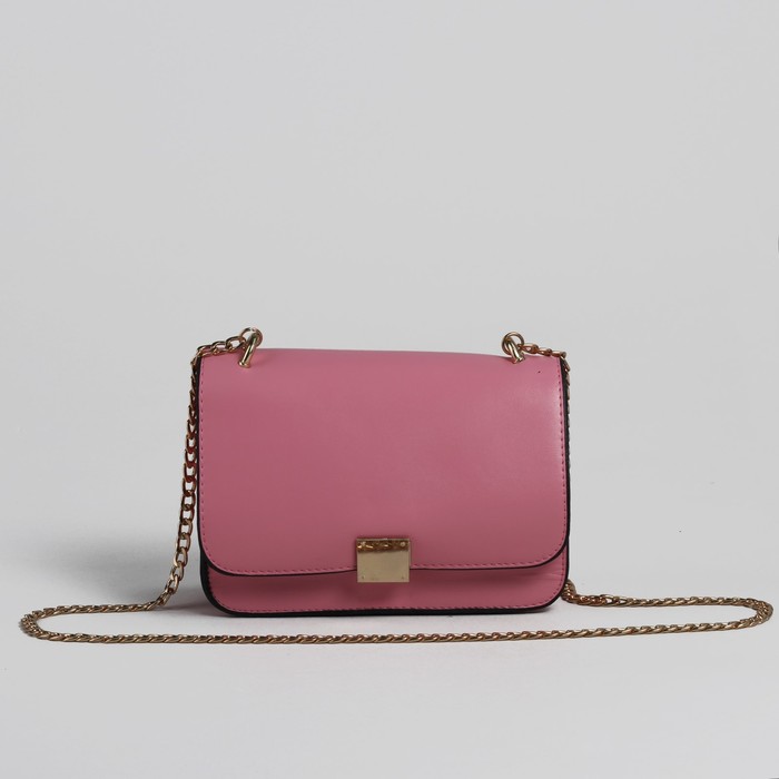 Сумка женская на клапане, 2 отдела, длинная цепочка, розовый