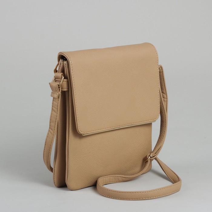 Сумка женская на молнии, 3 отдела, наружный карман, длинный ремень, бежевый
