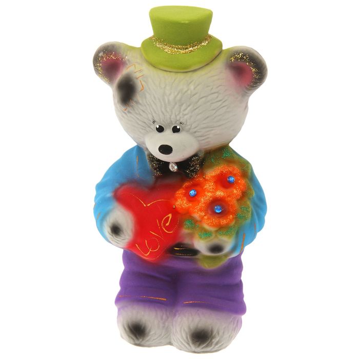 Копилка "Мишка в шляпке", флок, серая