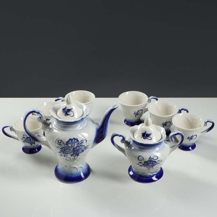 Чайный сервиз "Ева" гжель, 8 предметов: чайник 1 л, сахарница 0,8 л, кружки 0,2 л